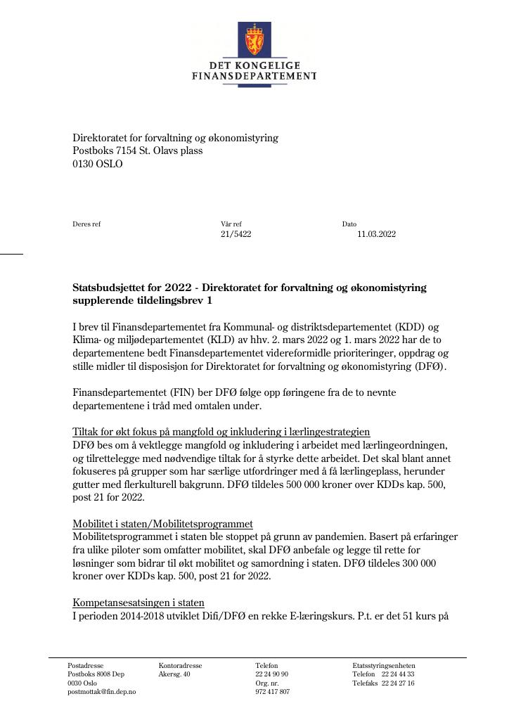 Forsiden av dokumentet Tildelingsbrev DFØ 2022 - tillegg nr. 1