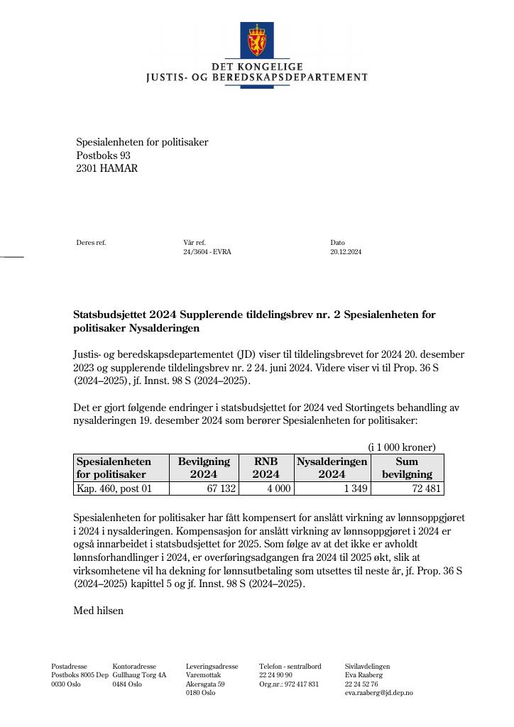 Forsiden av dokumentet Tildelingsbrev Spesialenheten for politisaker 2024 - tillegg nr. 2