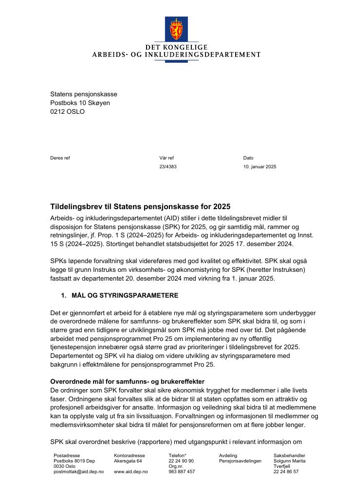 Forsiden av dokumentet Tildelingsbrev Statens pensjonskasse 2025