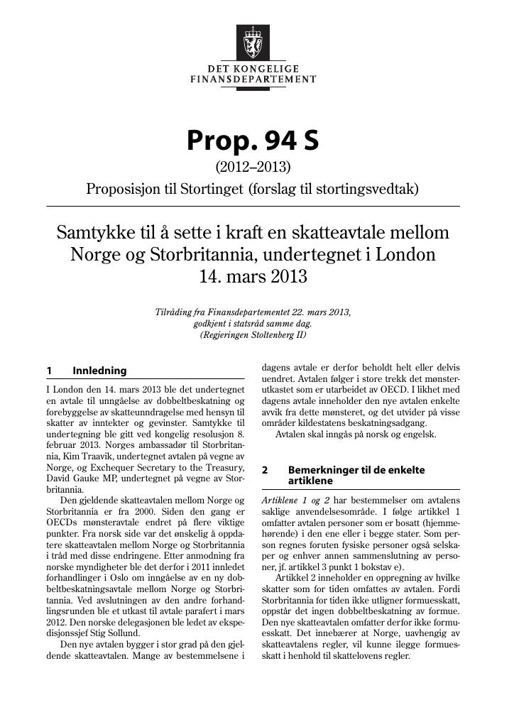 Forsiden av dokumentet Prop. 94 S (2012–2013)