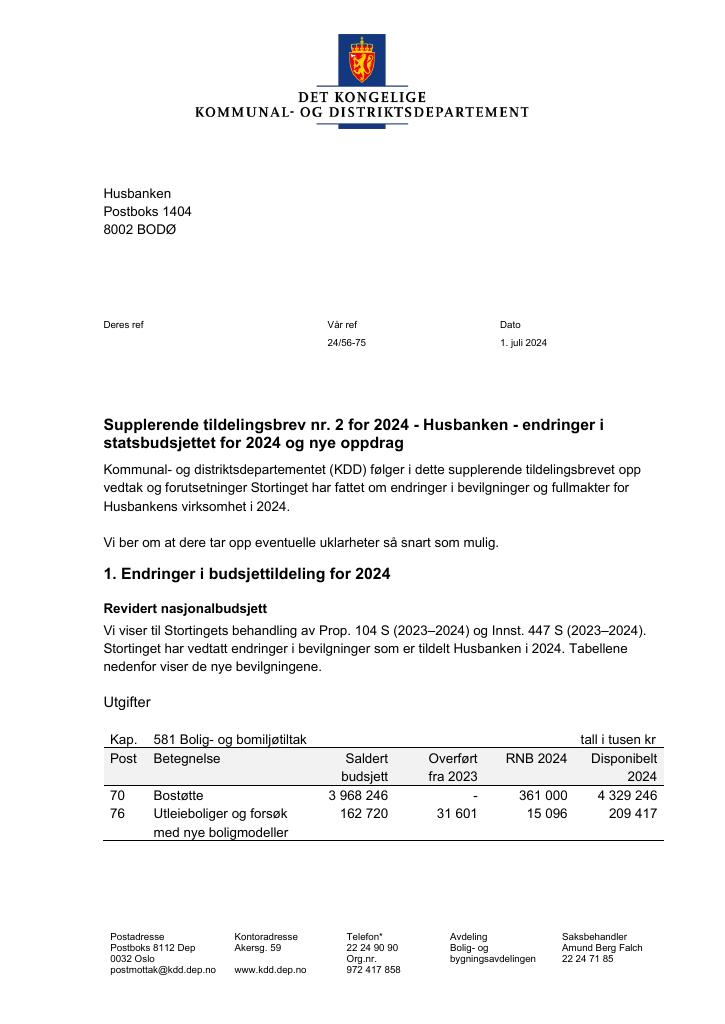 Forsiden av dokumentet Supplerende tildelingsbrev nr. 2 for 2024 (pdf)