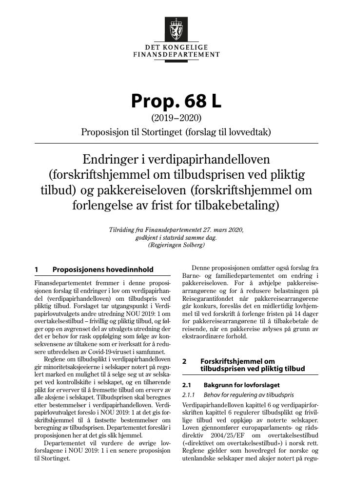 Forsiden av dokumentet Prop. 68 L (2019–2020)