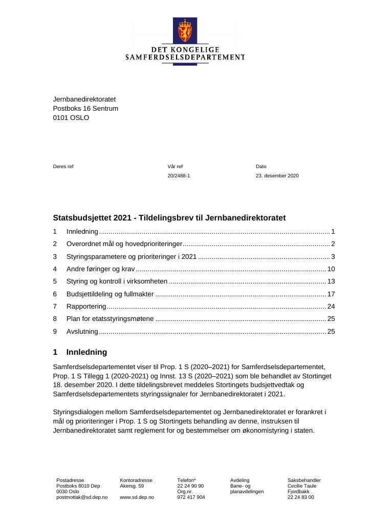 Forsiden av dokumentet Tildelingsbrev Jernbanedirektoratet 2021