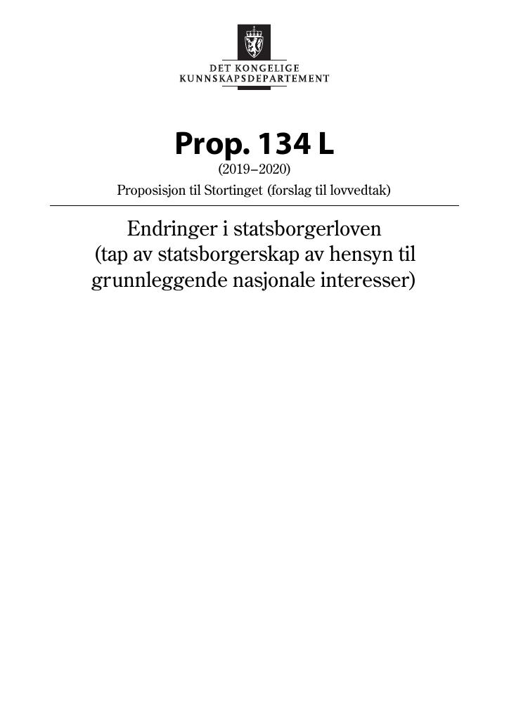 Forsiden av dokumentet Prop. 134 L (2019–2020)