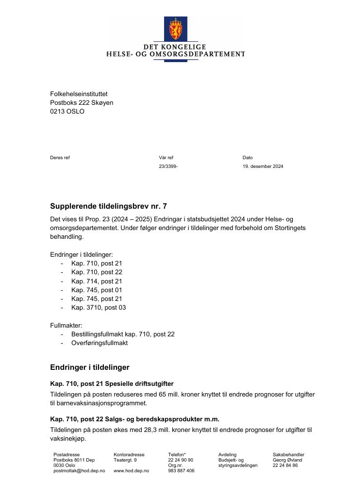 Forsiden av dokumentet Tildelingsbrev Folkehelseinstituttet 2024 - tillegg nr. 7