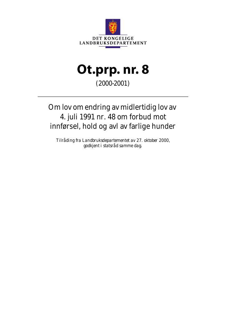 Forsiden av dokumentet Ot.prp. nr. 8 (2000-2001)