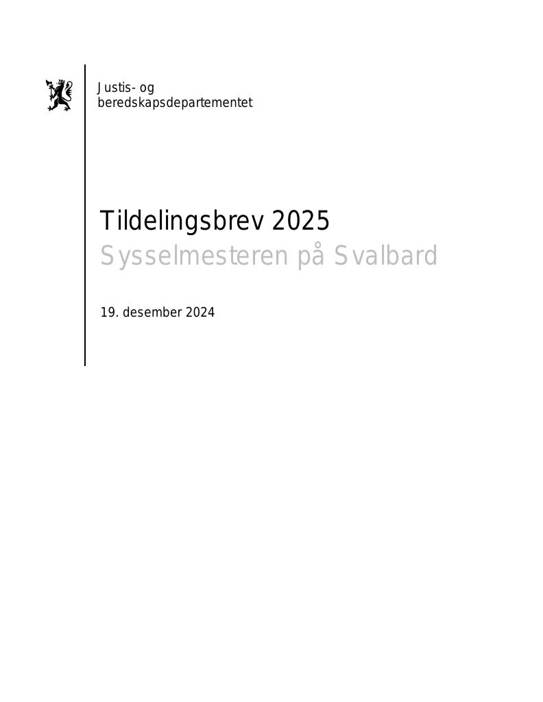 Forsiden av dokumentet Tildelingsbrev Sysselmesteren på Svalbard 2025