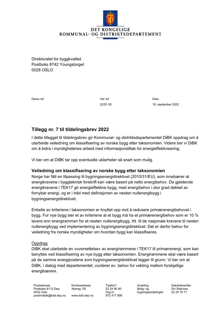 Forsiden av dokumentet Tildelingsbrev DiBK 2022 - tillegg nr. 7