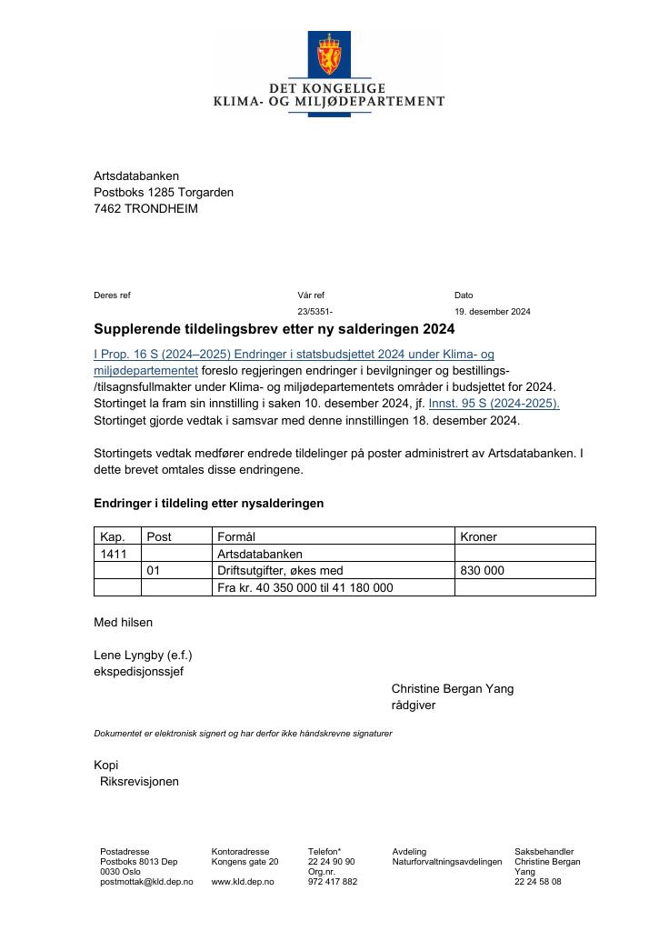 Forsiden av dokumentet Tildelingsbrev Artsdatabanken 2024 - tillegg nr. 19
