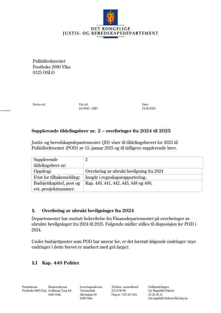 Forsiden av dokumentet Tildelingsbrev Politiet 2025 - tillegg nr. 2