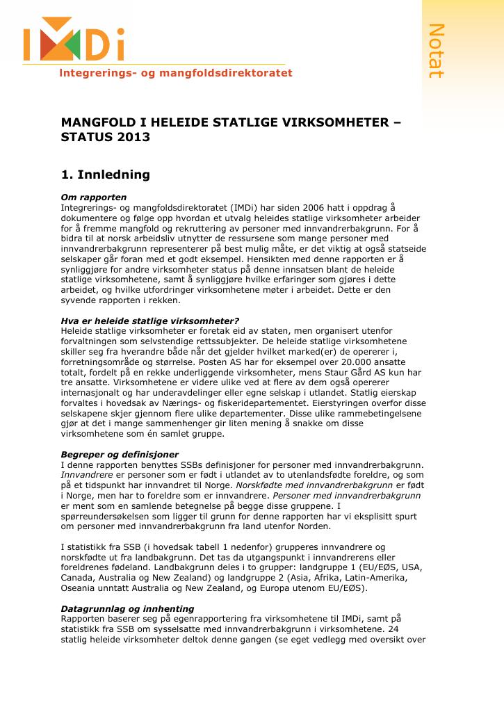 Forsiden av dokumentet Mangfold i heleide statlige virksomheter - status 2013
