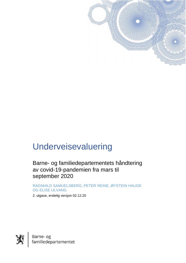 Forsiden av dokumentet Underveisevaluering - Barne- og familiedepartementets håndtering av covid-19-pandemien fra mars til september 2020