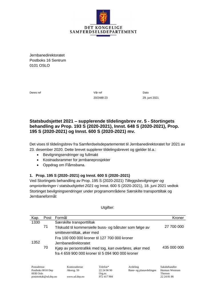 Forsiden av dokumentet Tildelingsbrev Jernbanedirektoratet 2021 - tillegg nr. 5