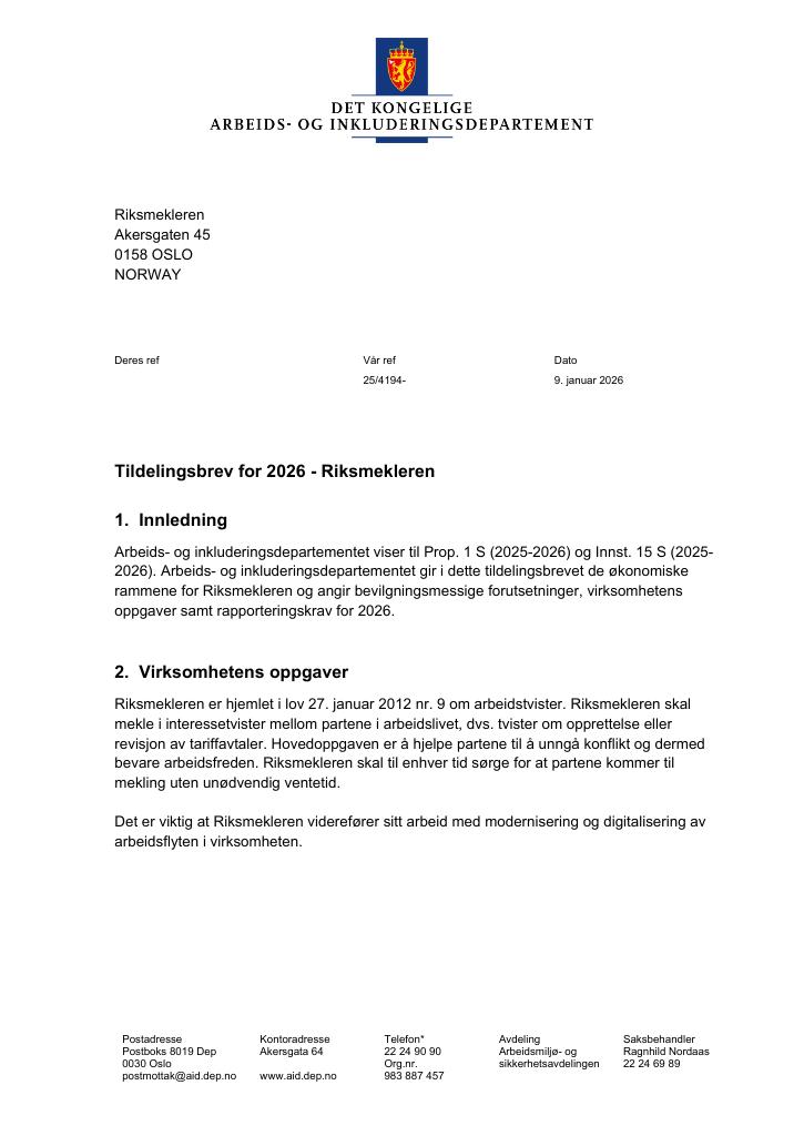 Forsiden av dokumentet Tildelingsbrev Riksmeklaren/Riksmekleren 2026