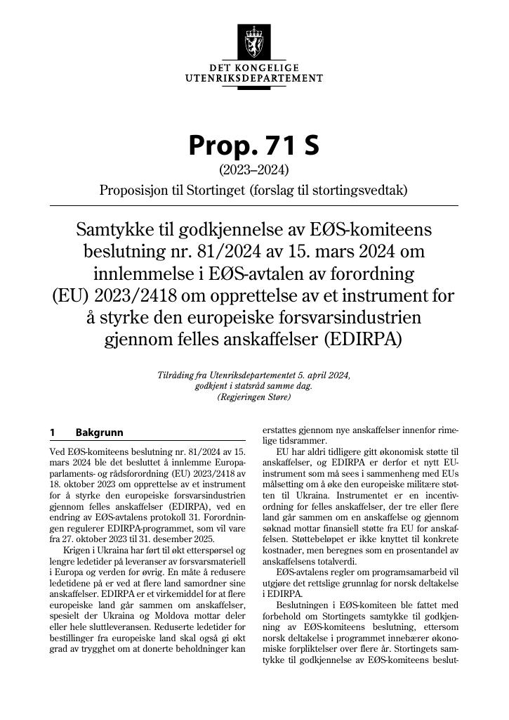 Forsiden av dokumentet Prop. 71 S (2023–2024)