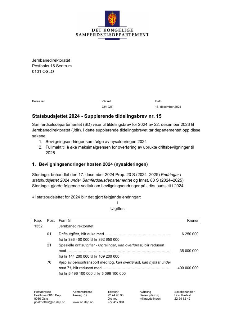 Forsiden av dokumentet Tildelingsbrev Jernbanedirektoratet 2024 - tillegg nr. 15