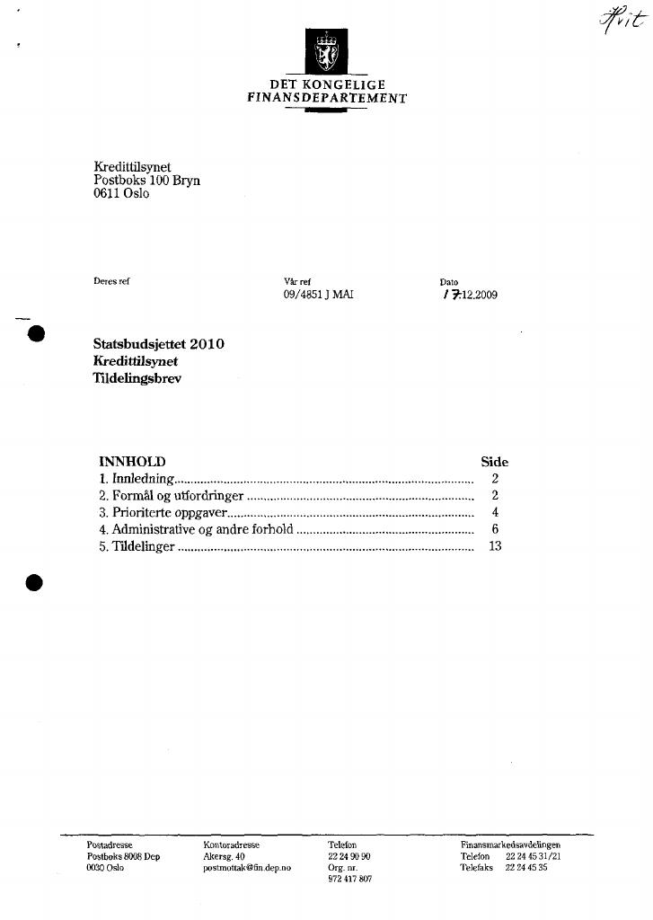 Forsiden av dokumentet Tildelingsbrev (pdf)