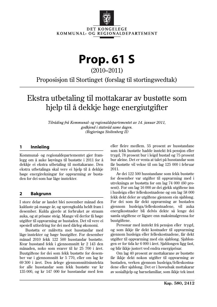 Forsiden av dokumentet Prop. 61 S (2010–2011)