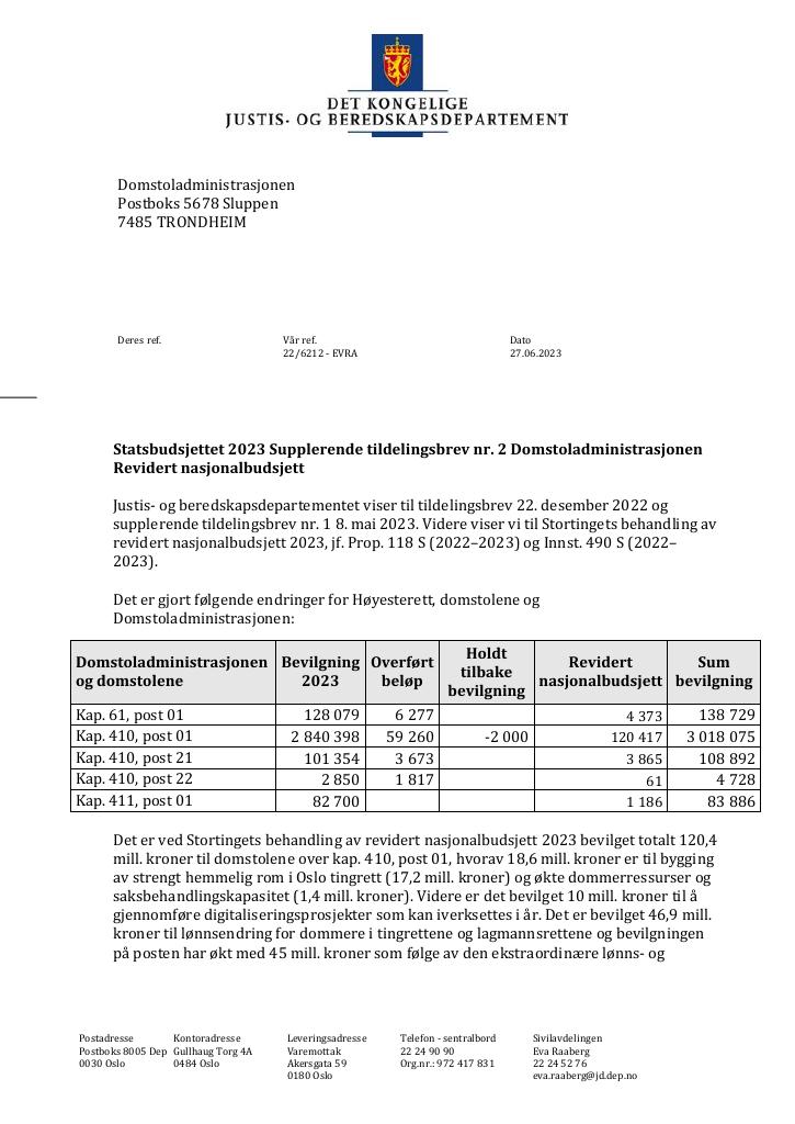 Forsiden av dokumentet Tildelingsbrev Domstoladministrasjonen 2023 - tillegg nr. 2