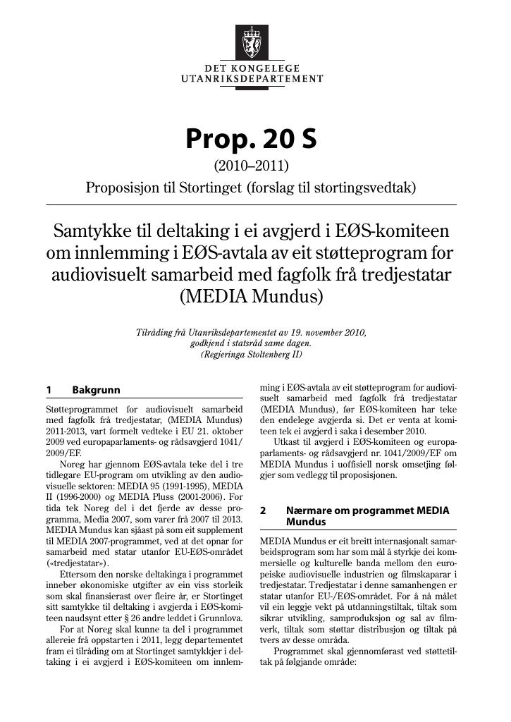 Forsiden av dokumentet Prop. 20 S (2010–2011)