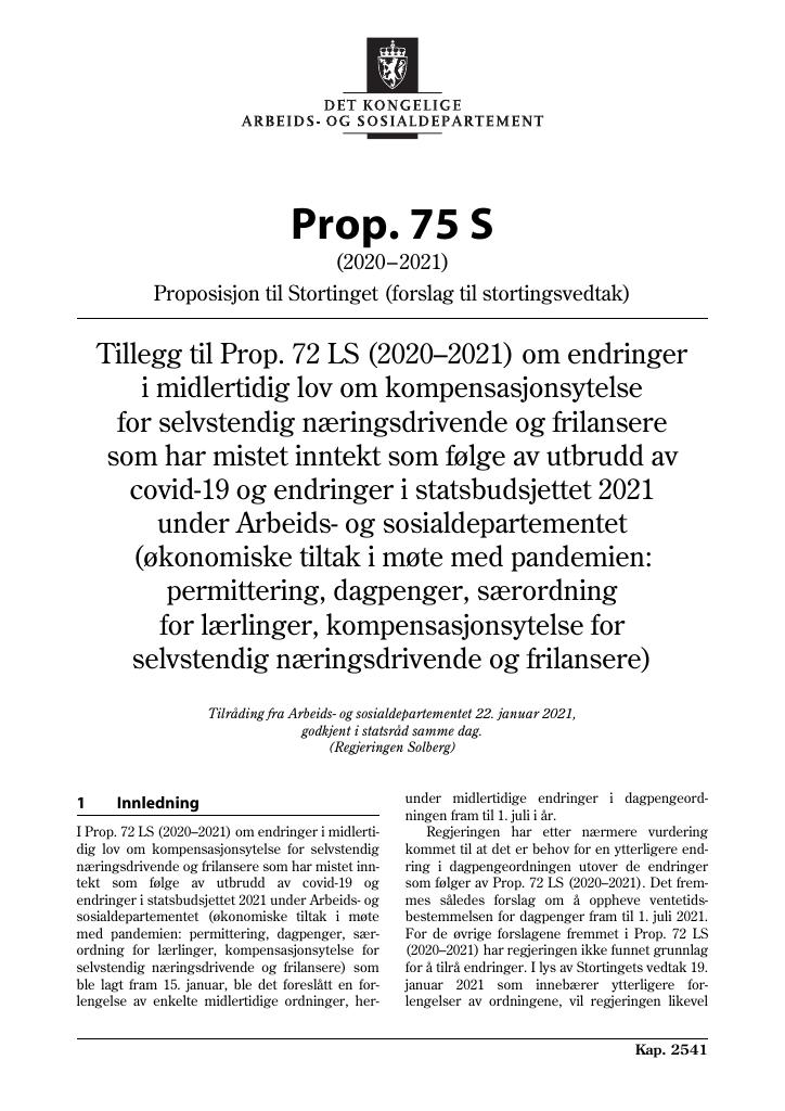 Forsiden av dokumentet Prop. 75 S (2020–2021)