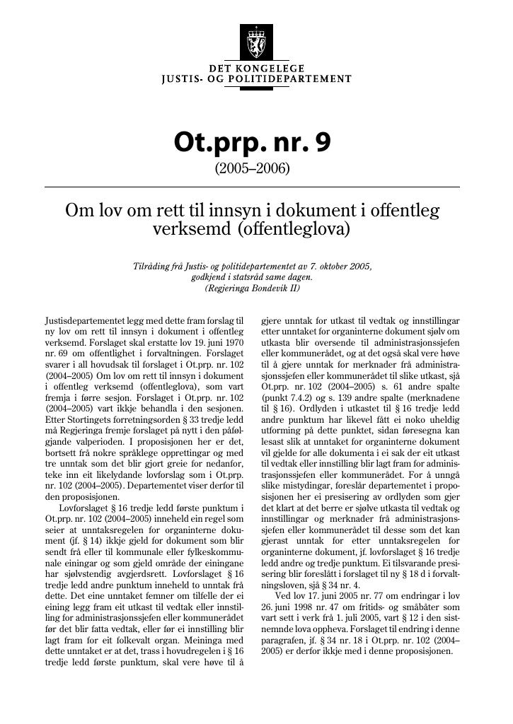 Forsiden av dokumentet Ot.prp. nr. 9 (2005-2006)