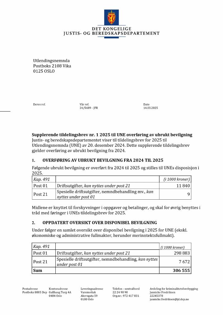 Forsiden av dokumentet Tildelingsbrev Utlendingsnemnda 2025 - tillegg nr. 1