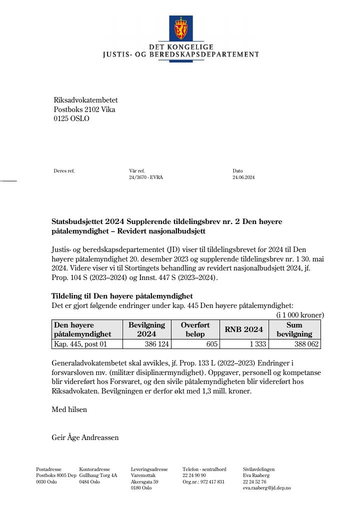 Forsiden av dokumentet Tildelingsbrev Riksadvokaten (Den høyere påtalemyndighet) 2024 - tillegg nr. 2
