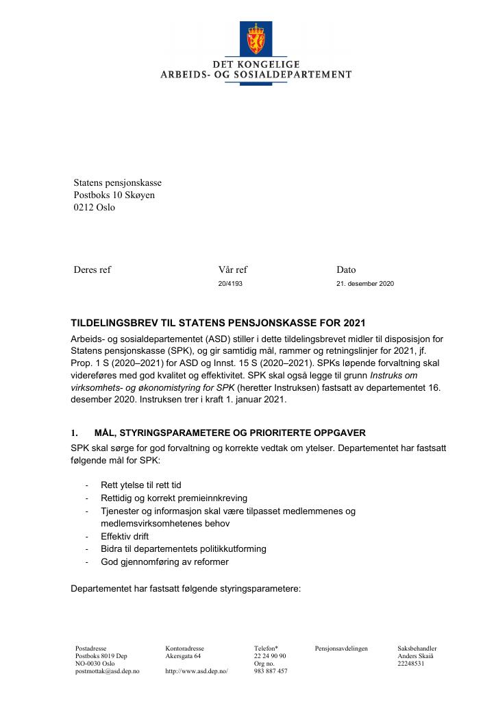 Forsiden av dokumentet Tildelingsbrev Statens pensjonskasse 2021