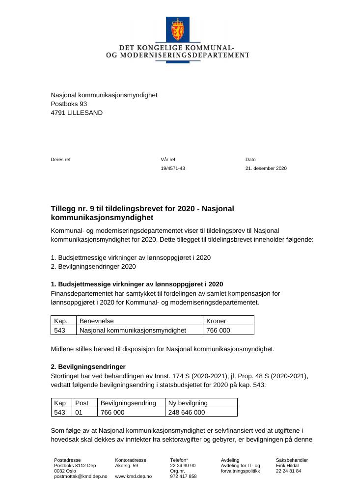 Forsiden av dokumentet Tildelingsbrev Nasjonal kommunikasjonsmyndighet 2020 - tillegg nr. 9
