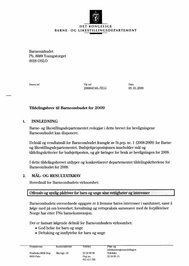 Forsiden av dokumentet Tildelingsbrev 2009