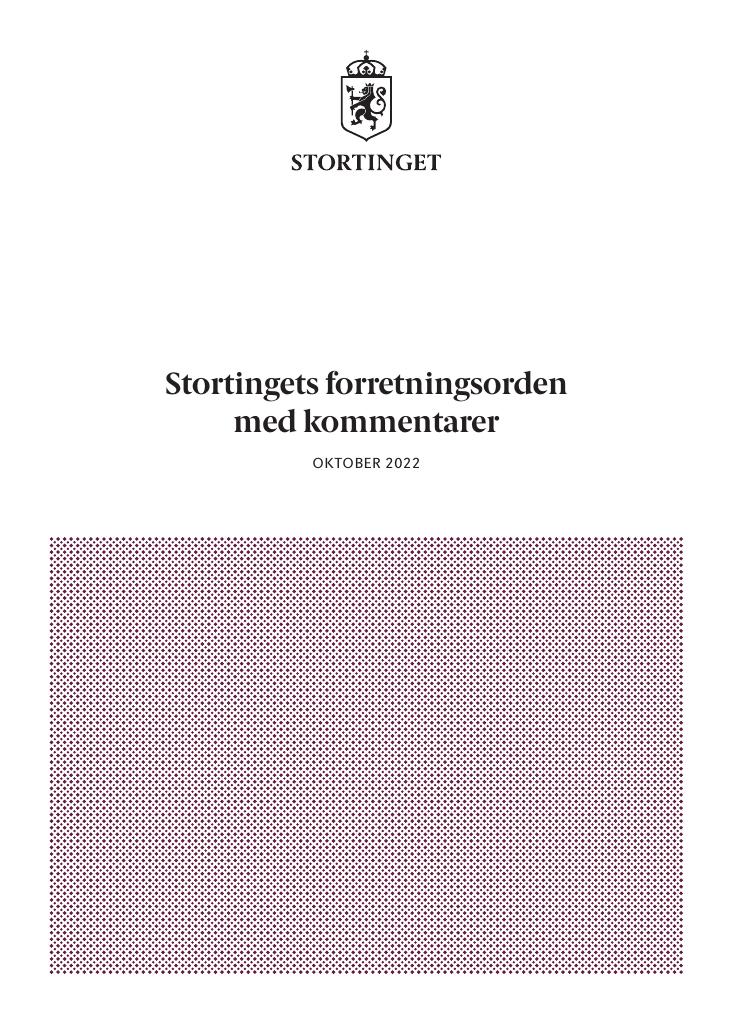 Forsiden av dokumentet Stortingets forretningsorden med kommentarer : Oktober 2022