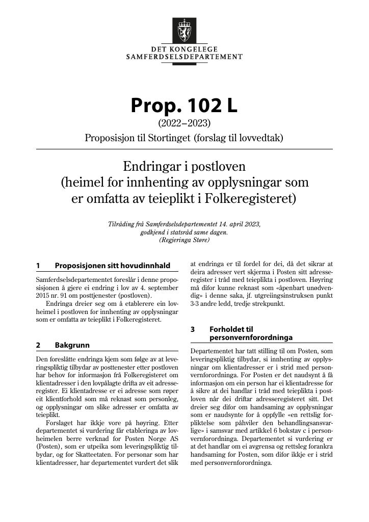 Forsiden av dokumentet Prop. 102 L (2022–2023)