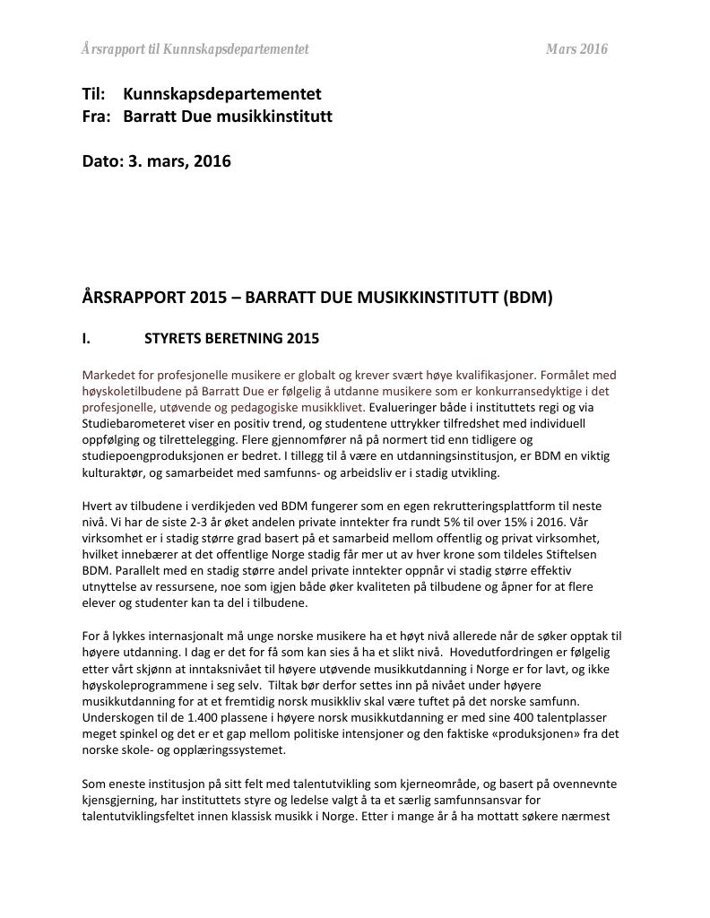 Forsiden av dokumentet Årsrapport Barratt Due Musikkinstitutt 2015