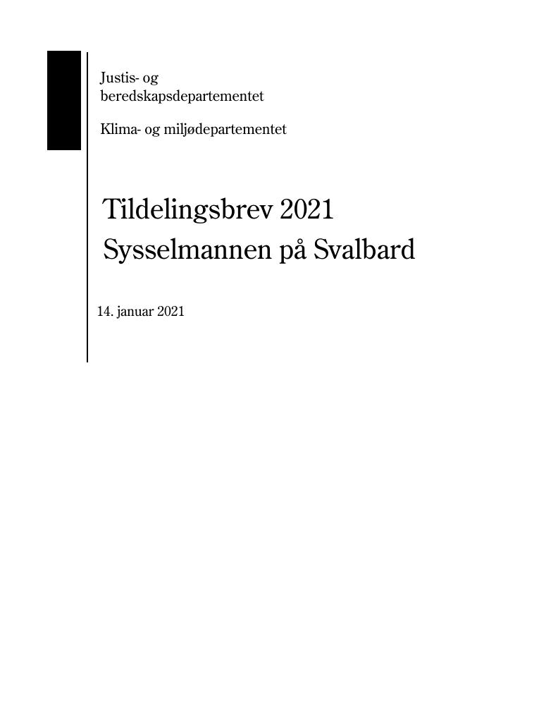 Forsiden av dokumentet Tildelingsbrev Sysselmesteren på Svalbard 2021