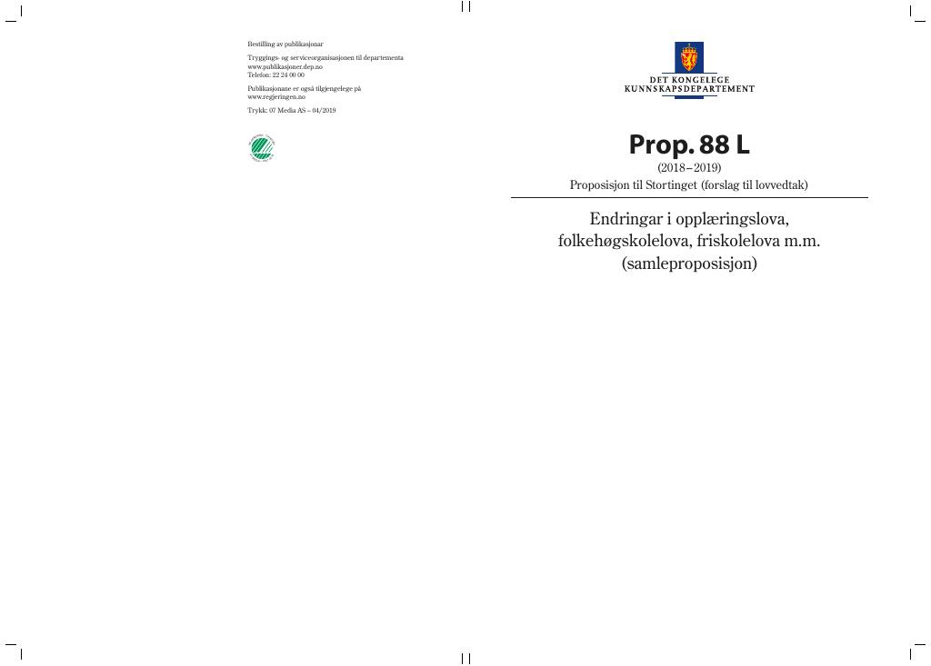 Forsiden av dokumentet Prop. 88 L (2018–2019)