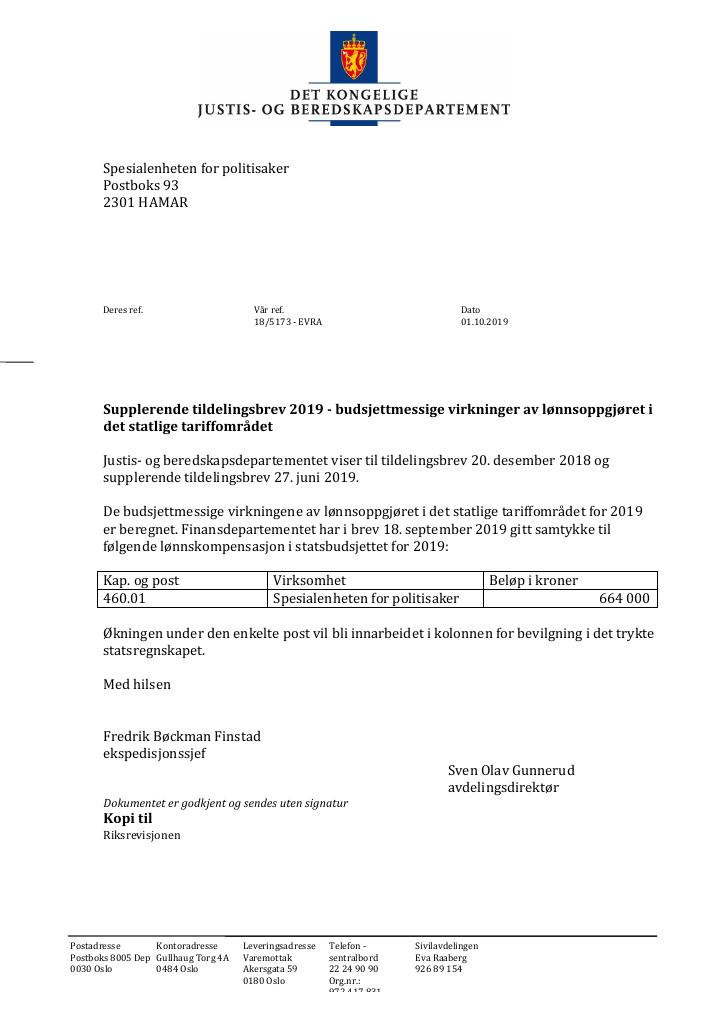 Forsiden av dokumentet Supplerende tildelingsbrev nr. 2 Spesialenheten for politisaker 2019