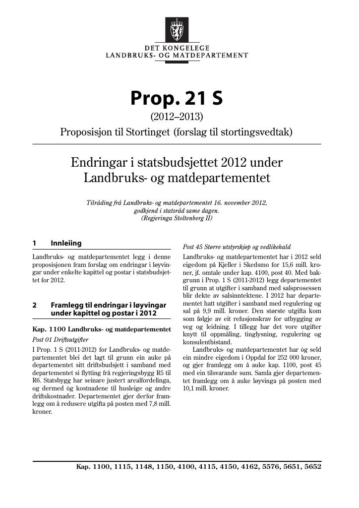 Forsiden av dokumentet Prop. 21 S (2012–2013)