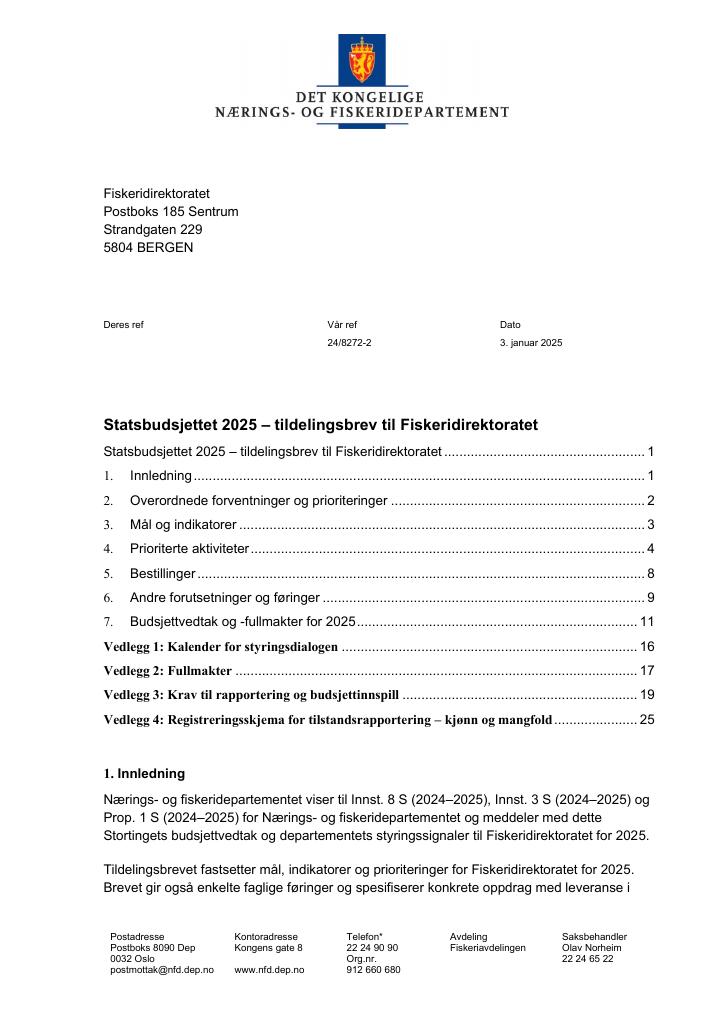 Forsiden av dokumentet Tildelingsbrev Fiskeridirektoratet 2025