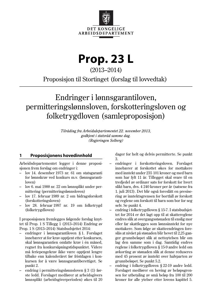 Forsiden av dokumentet Prop. 23 L (2013–2014)