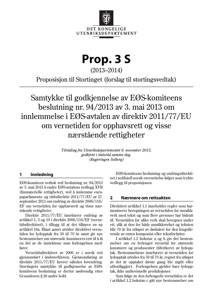 Forsiden av dokumentet Prop. 3 S (2013–2014)