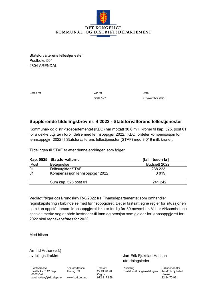 Forsiden av dokumentet Tildelingsbrev Statsforvalterens fellestjenester 2022 - tillegg nr. 4