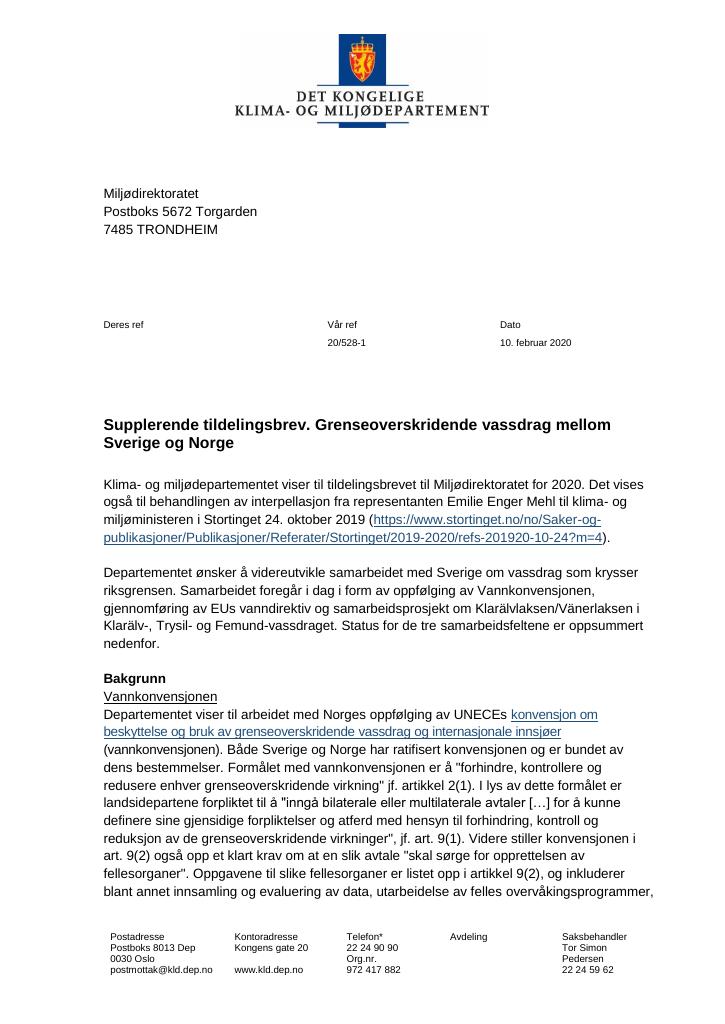 Forsiden av dokumentet Supplerende tildelingsbrev Miljødirektoratet 2020