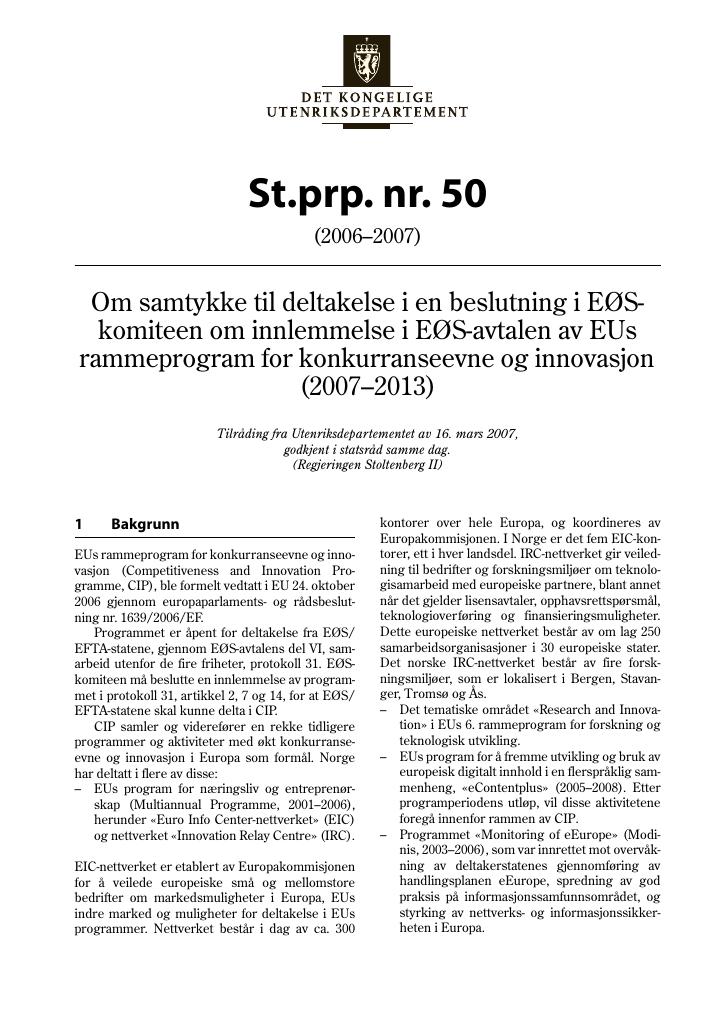 Forsiden av dokumentet St.prp. nr. 50 (2006-2007)