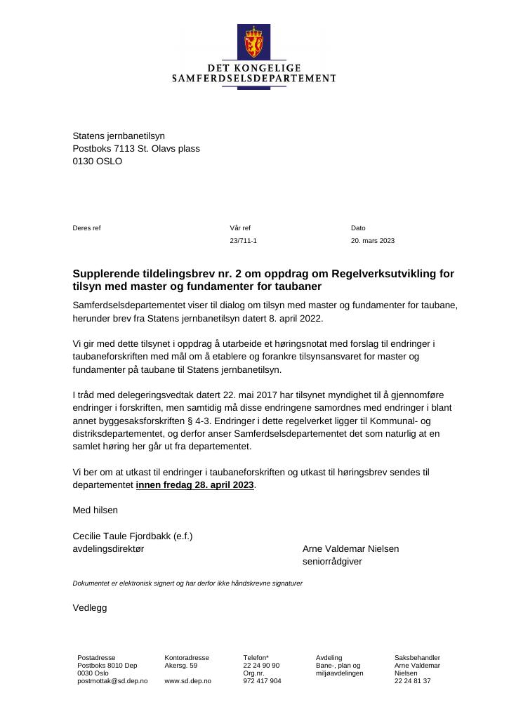 Forsiden av dokumentet Tildelingsbrev Statens jernbanetilsyn 2023 - tillegg nr. 2