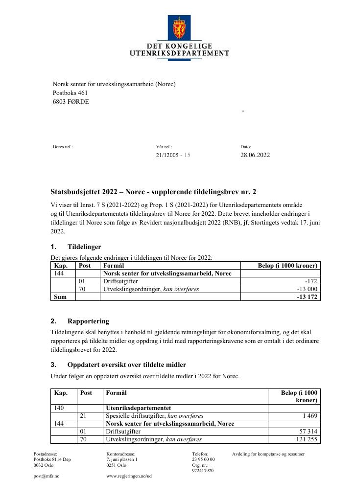 Forsiden av dokumentet Tildelingsbrev Norec 2022 - tillegg nr. 2