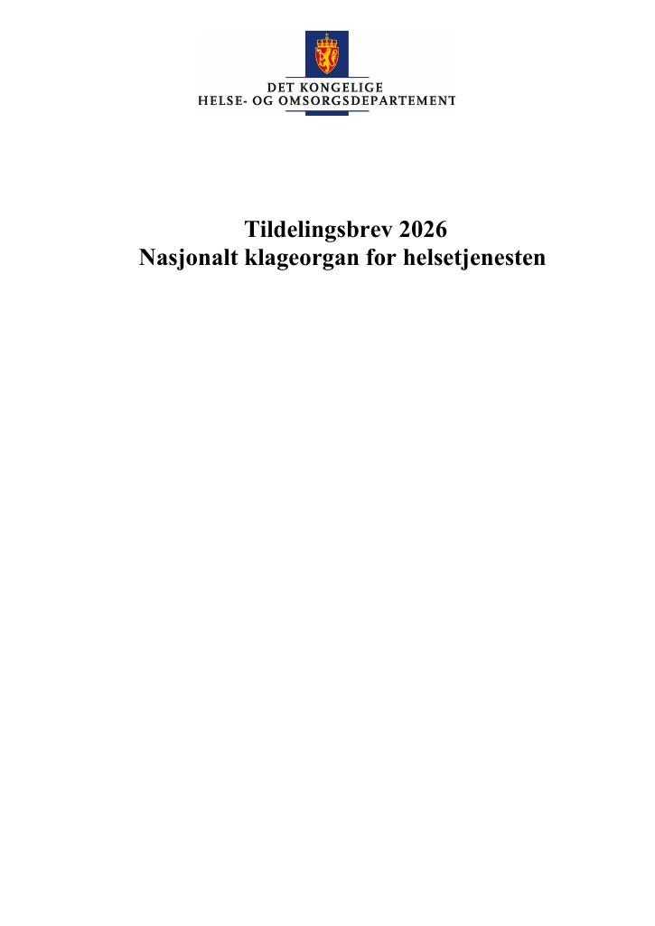 Forsiden av dokumentet Tildelingsbrev Nasjonalt klageorgan for helsetjenesten 2026