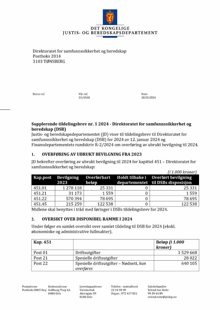 Forsiden av dokumentet Tildelingsbrev Direktoratet for samfunnssikkerhet og beredskap 2024 - tillegg nr. 1