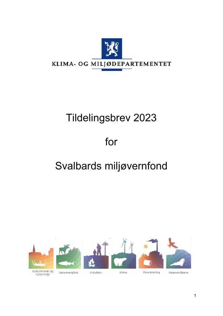 Forsiden av dokumentet Tildelingsbrev Svalbards miljøvernfond 2023