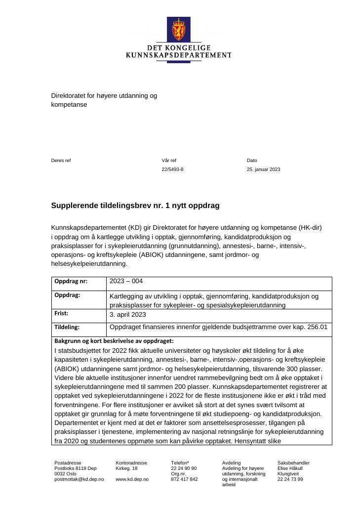 Forsiden av dokumentet Tildelingsbrev Direktoratet for høyere utdanning og konkurranse 2023 - tillegg nr. 1